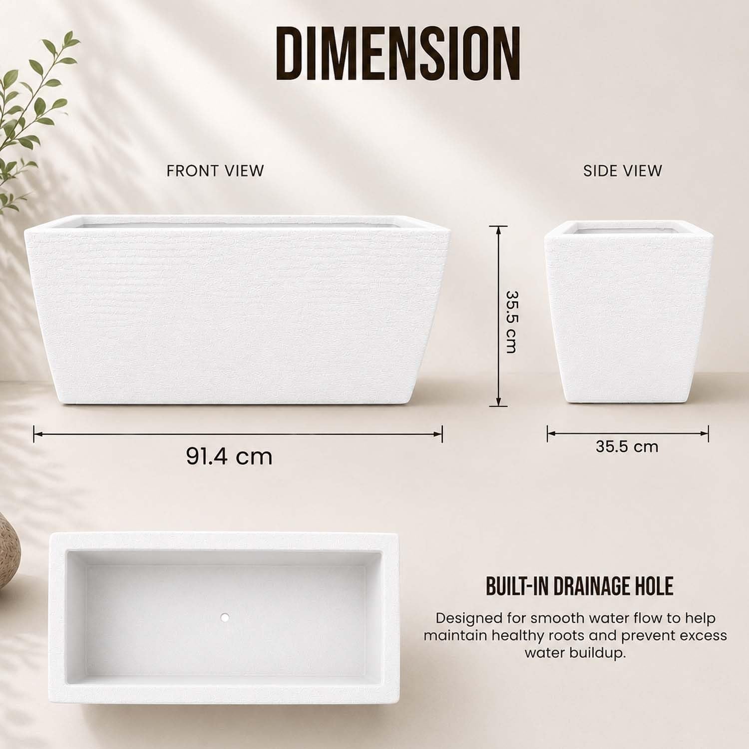 GoHooked rectangular marble white polymer planter pot, 36 inches long with ribbed texture and drainage hole.