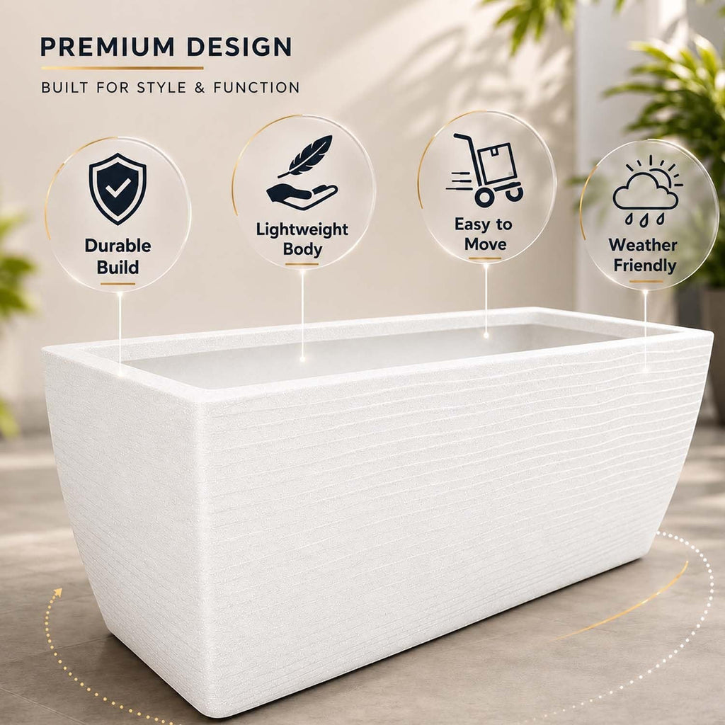 GoHooked rectangular marble white polymer planter pot with ribbed design and drainage hole. Ideal for indoor or outdoor use.
