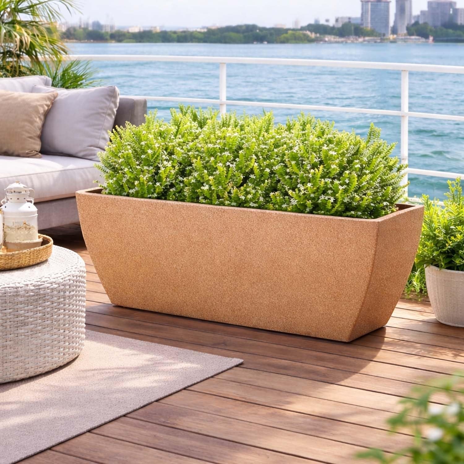 GoHooked rectangular polymer planter pot in a speckled tan color with a textured finish, holding lush green plants.
