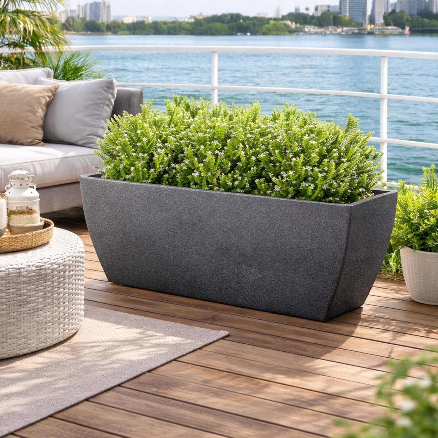 GoHooked 36-inch rectangular sandstone polymer planter with ribbed design, ideal for indoor/outdoor gardens.