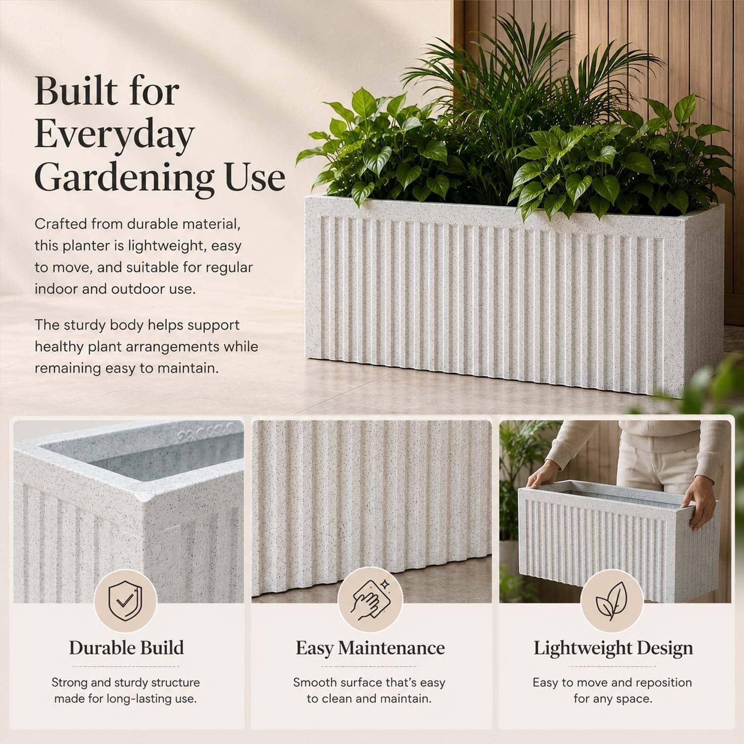GoHooked 24x12 inch rectangular white polymer planter with vertical ribbed texture and marble finish.