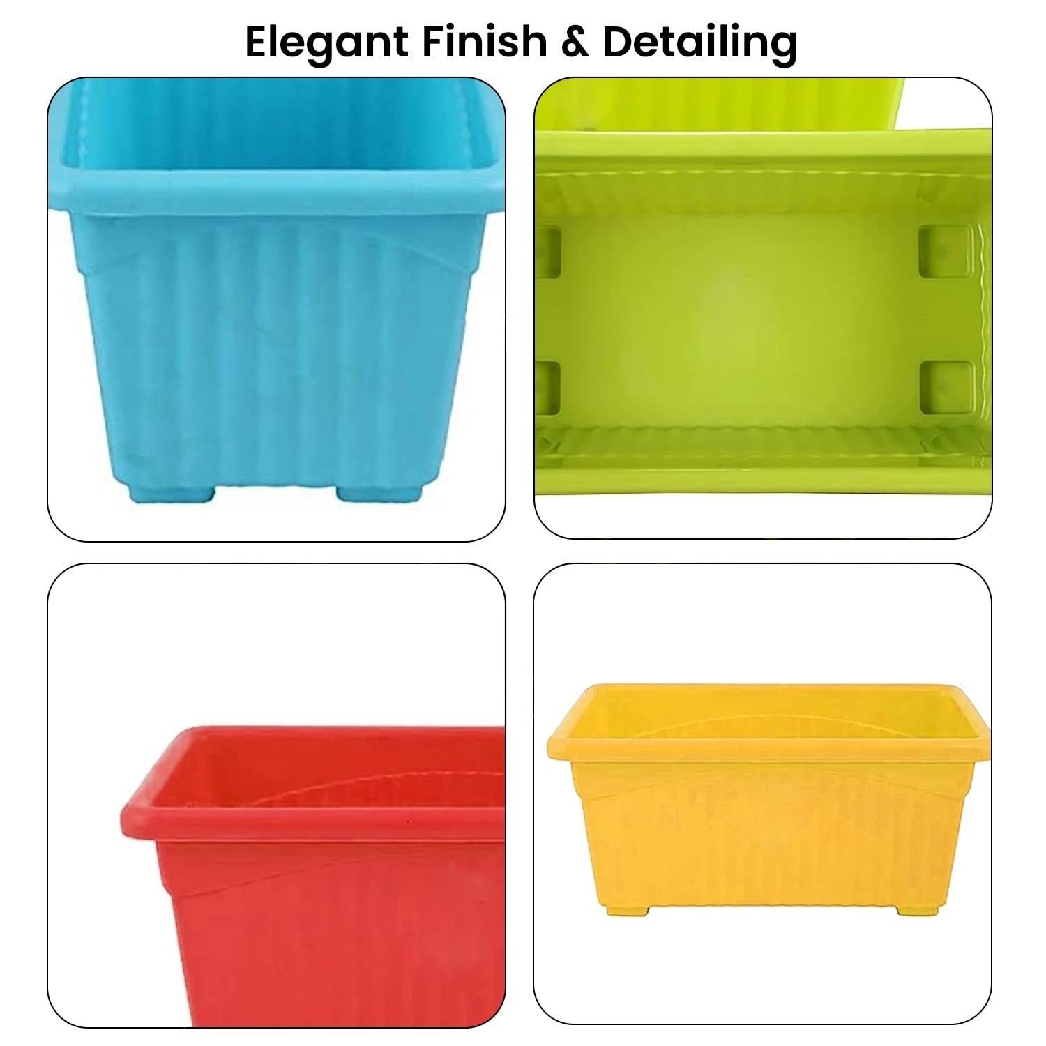 GoHooked pack of 12 multicolor rectangular plastic plant pots with ribbed texture and drainage holes, 35cm.