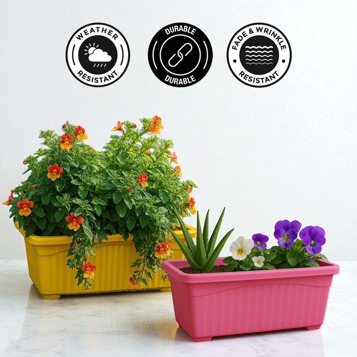 GoHooked multicolor rectangular plastic plant pots, 35cm, durable, fade & wrinkle resistant, for home or garden.