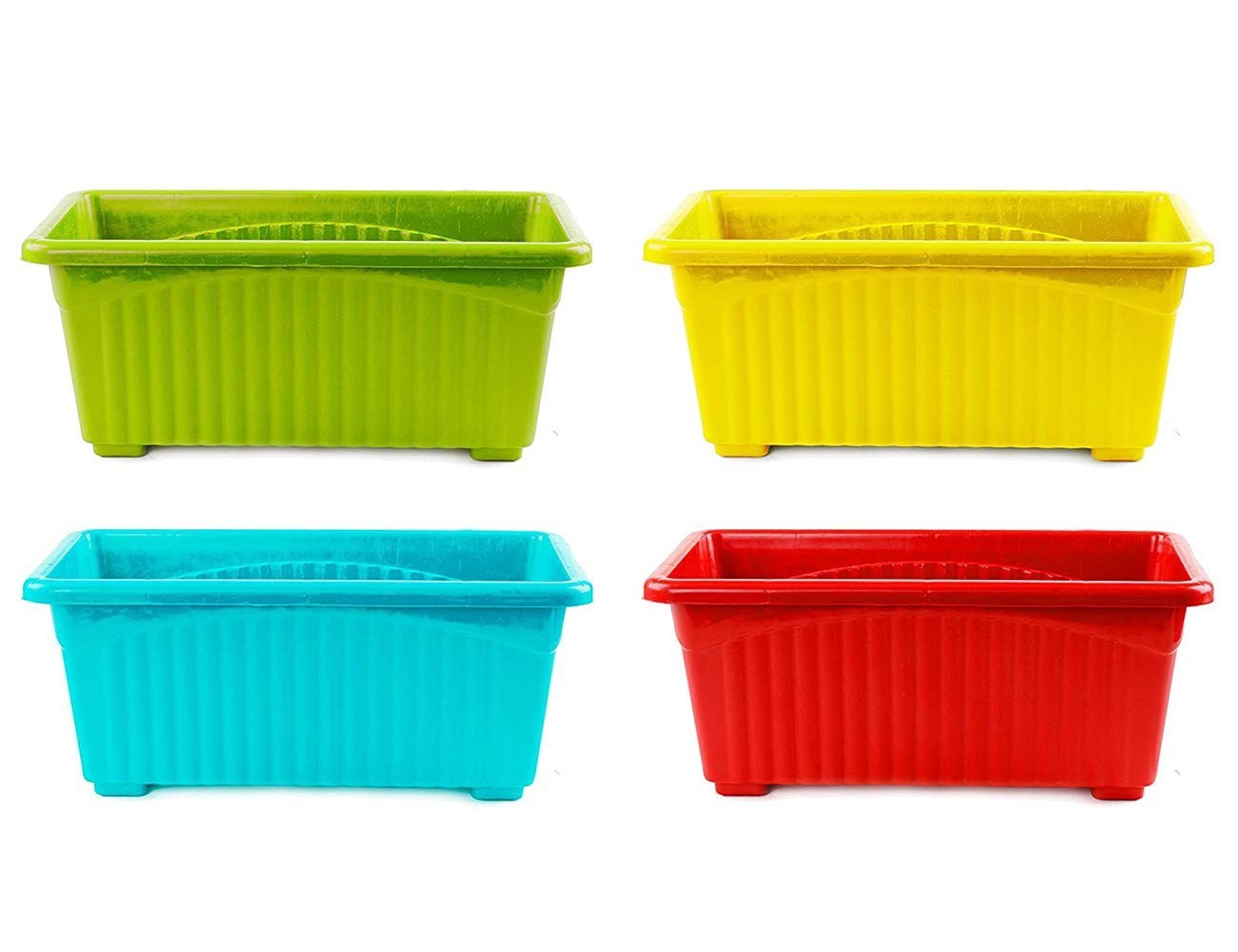 GoHooked set of 4 multicolor rectangular plastic plant pots. Features ribbed texture and raised base. Ideal for home, window, or garden use.