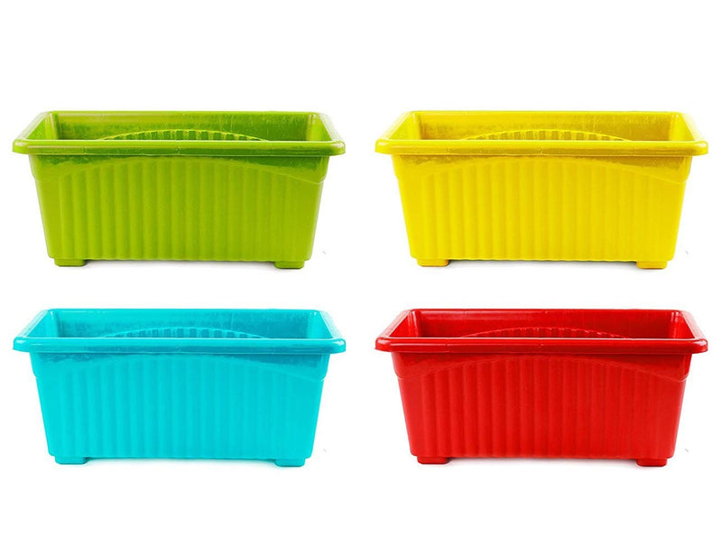 GoHooked set of 4 multicolor rectangular plastic plant pots. Features ribbed texture and raised base. Ideal for home, window, or garden use.