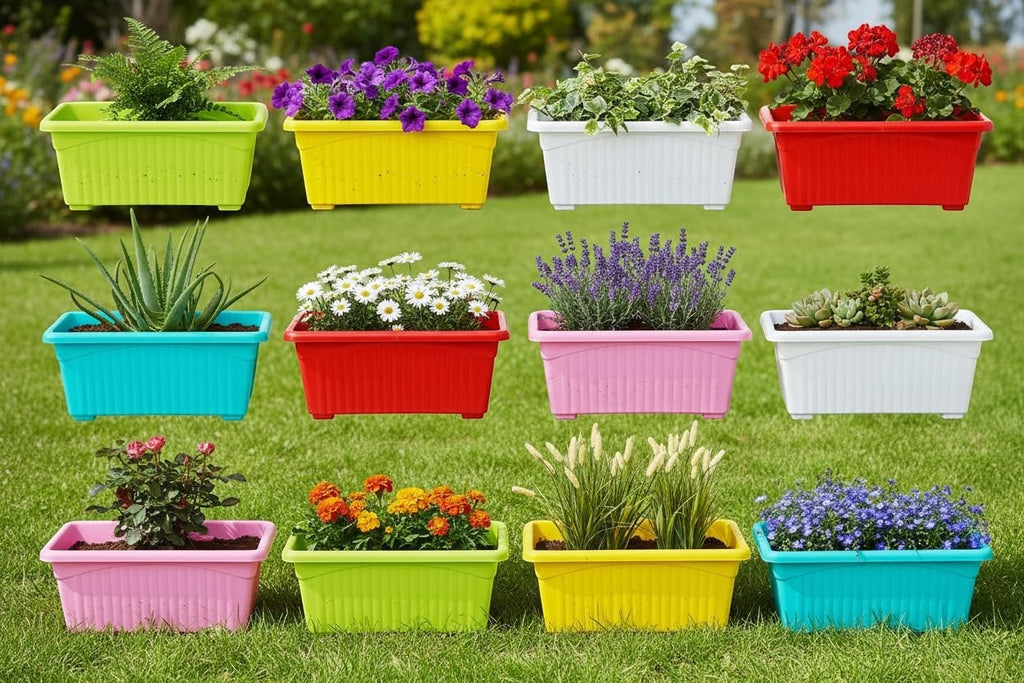 GoHooked multicolor rectangular plastic plant pots with ribbed texture. Pack of 12, 35x18.5x15 cm.