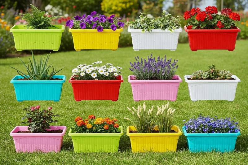 GoHooked multicolor rectangular plastic plant pots with ribbed texture. Pack of 12, 35x18.5x15 cm.