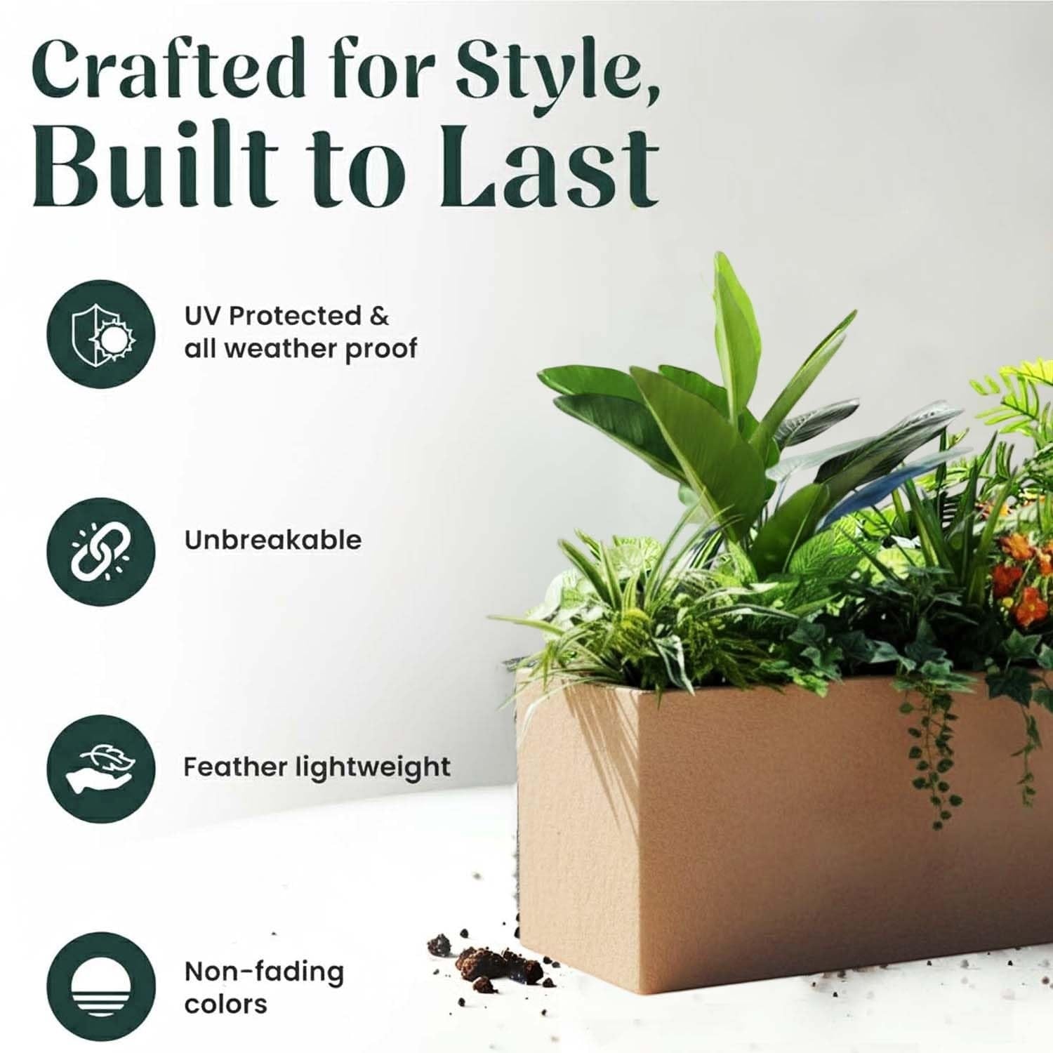 GoHooked rectangular polymer planter in sandstone brown with lush green plants, featuring UV and weather resistance.