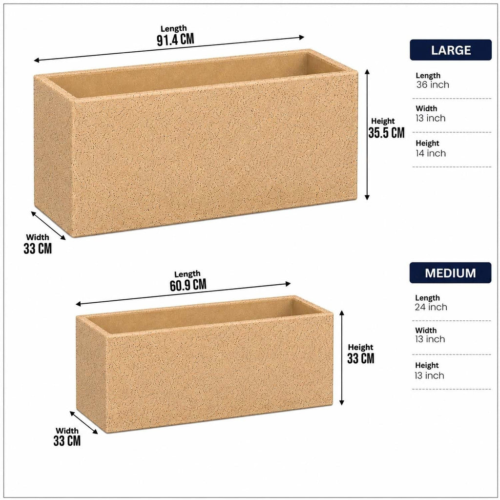 GoHooked rectangular polymer planter pots in sandstone brown with dimensions for 36-inch and 24-inch sizes.