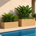 GoHooked rectangular polymer planter set in sandstone finish with lush green plants by a poolside patio.