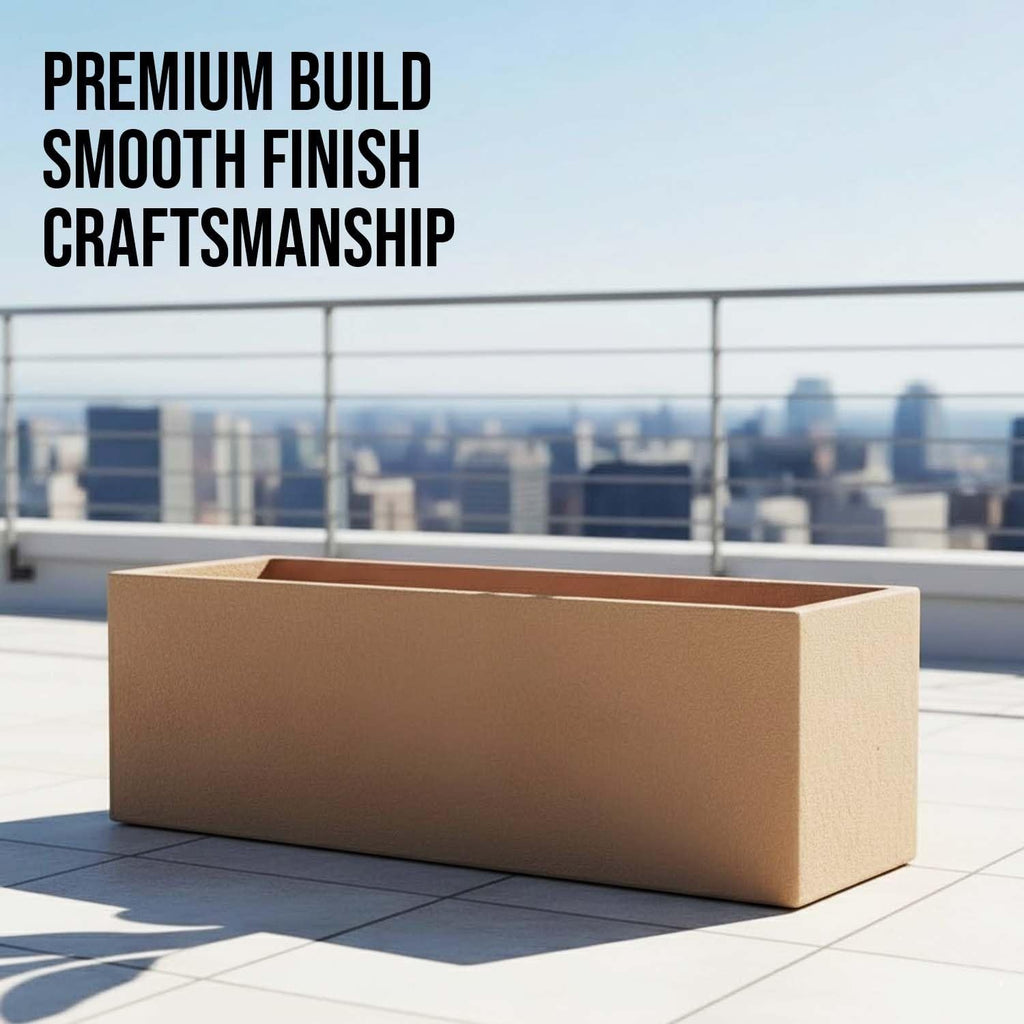 GoHooked rectangular sandstone polymer planter pot on a sunny balcony with a city skyline background