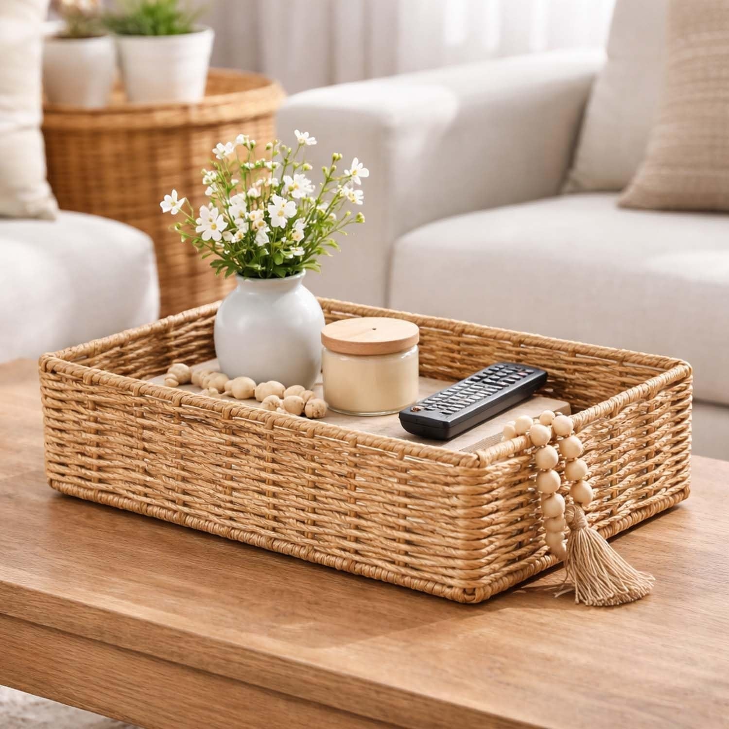 GoHooked handwoven rectangular brown water hyacinth seagrass storage basket with handles, perfect for organizing.
