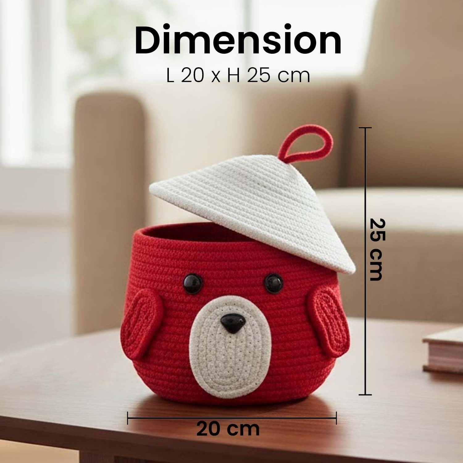 GoHooked red cotton rope storage basket with lid, featuring a cute animal face design with ears and a white dome lid. Perfect for kids' rooms.