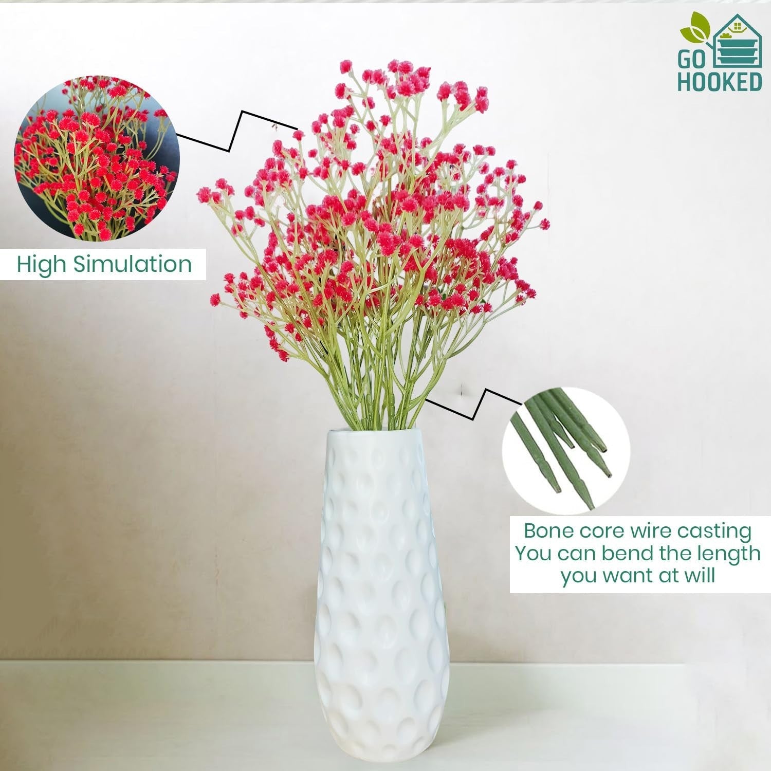 GoHooked red artificial baby's breath flowers with flexible stems for floral arrangements and decor.