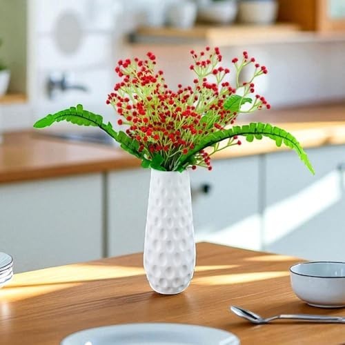 GoHooked red artificial baby's breath flowers in a white textured vase, perfect for wedding bouquets and home decor.
