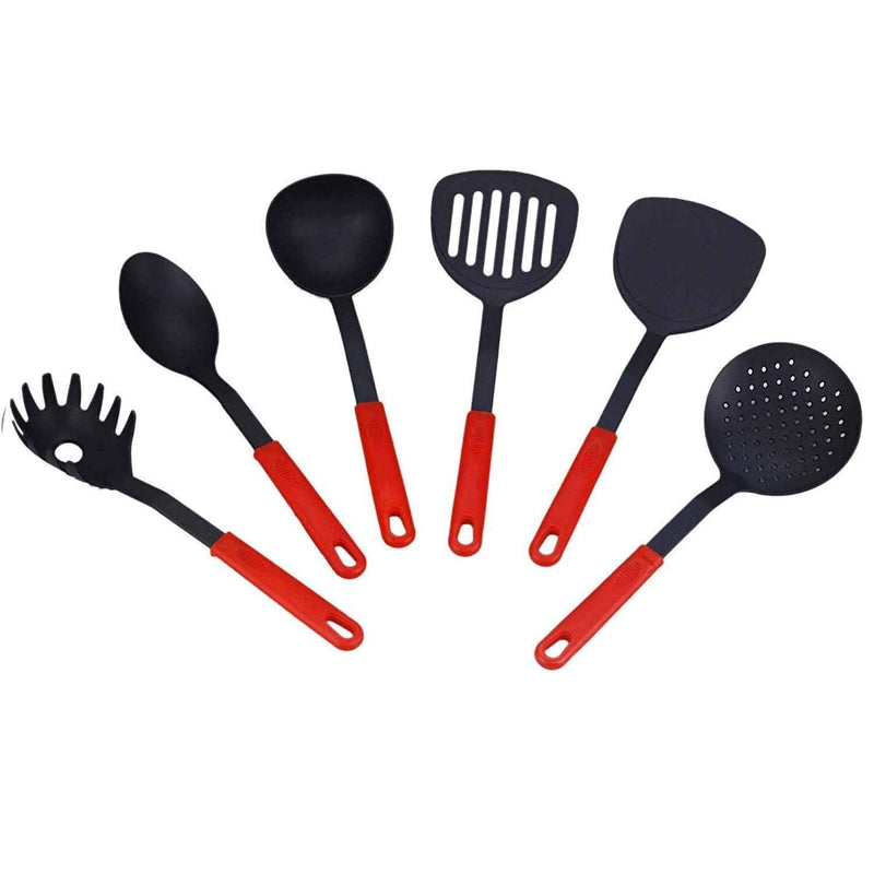 GoHooked red and black nylon 6-piece kitchen utensil set including slotted spatula, solid spatula, ladle, spoon, pasta server, and skimmer.