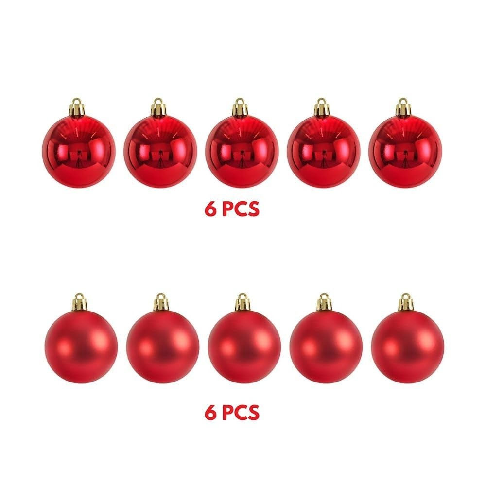 GoHooked red Christmas ball ornaments, 2 inch, pack of 12. Shiny and matte finishes with glitter accents.