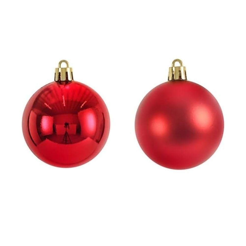 GoHooked red Christmas ornaments, 2-inch diameter, pack of 12. Features shiny and matte finishes with glitter accents.