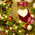 GoHooked red Christmas stocking with Santa face and snowflake pattern, festive home decor for trees and walls.