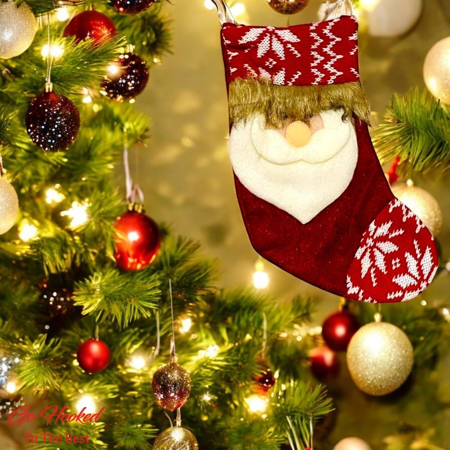 GoHooked red Christmas stocking with Santa face and snowflake pattern, festive home decor for trees and walls.