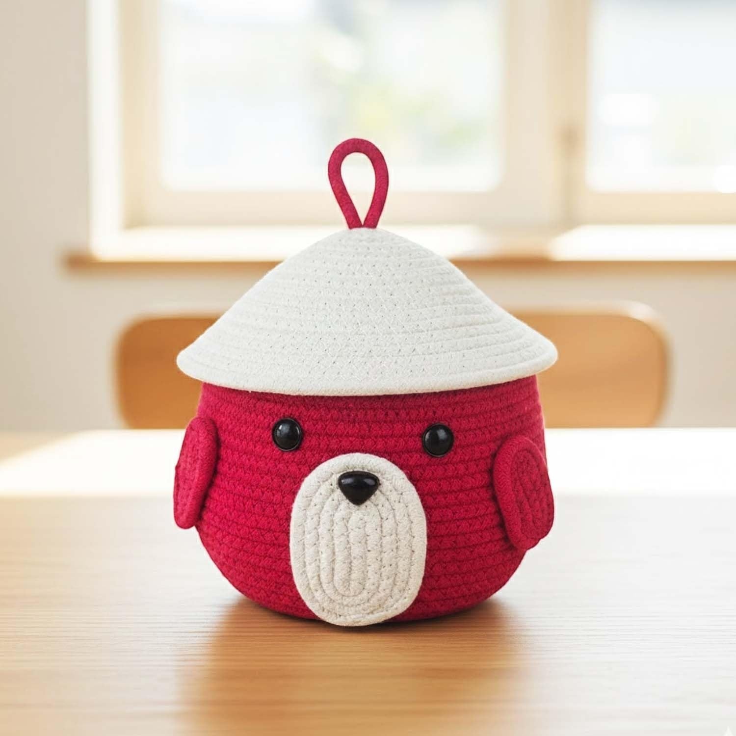 GoHooked red cotton rope storage basket with lid, featuring a cute animal face design with ears and a white dome lid. Ideal for kids' toys and nursery organization.