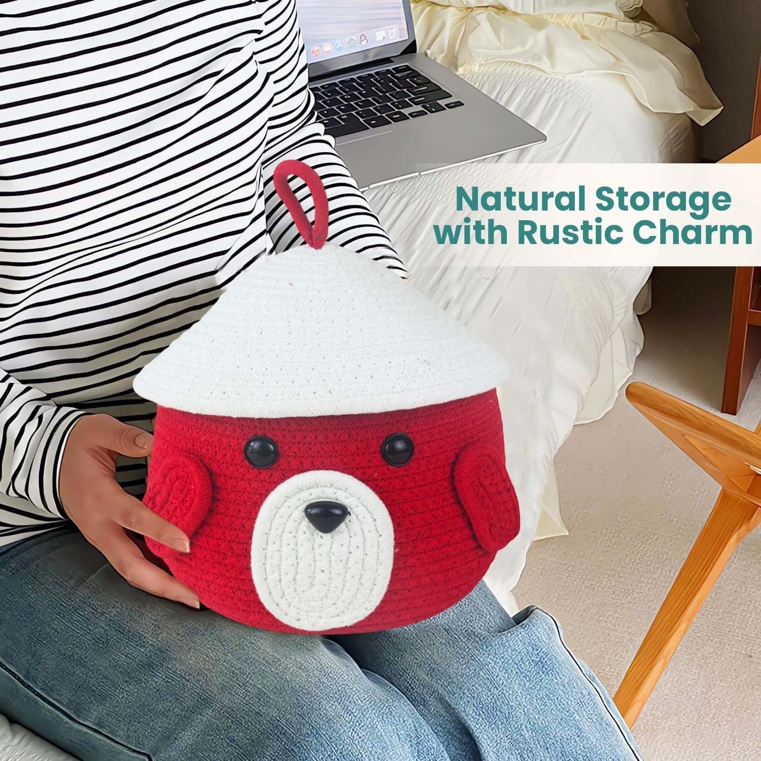GoHooked red cotton rope storage basket with lid, featuring a cute animal face design with ears and a white dome lid. Perfect for nursery organization.
