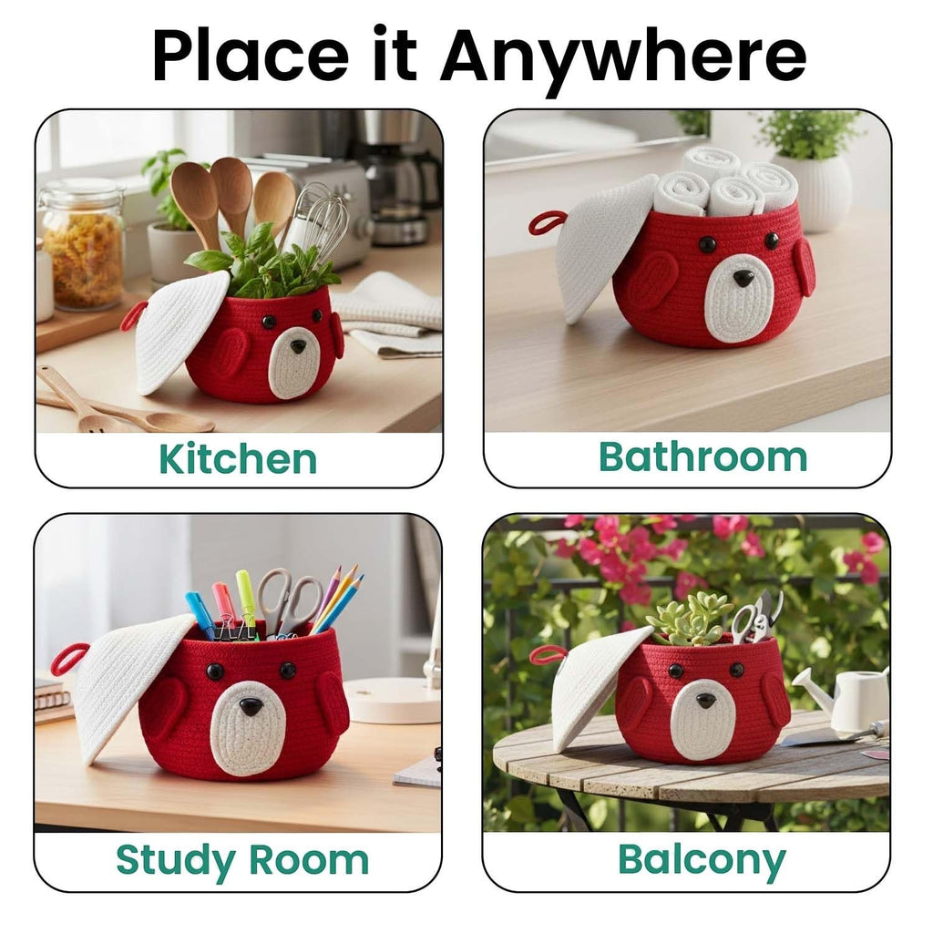 GoHooked red cotton rope storage basket with lid, featuring a cute animal face design. Ideal for nursery, toys, or home decor.