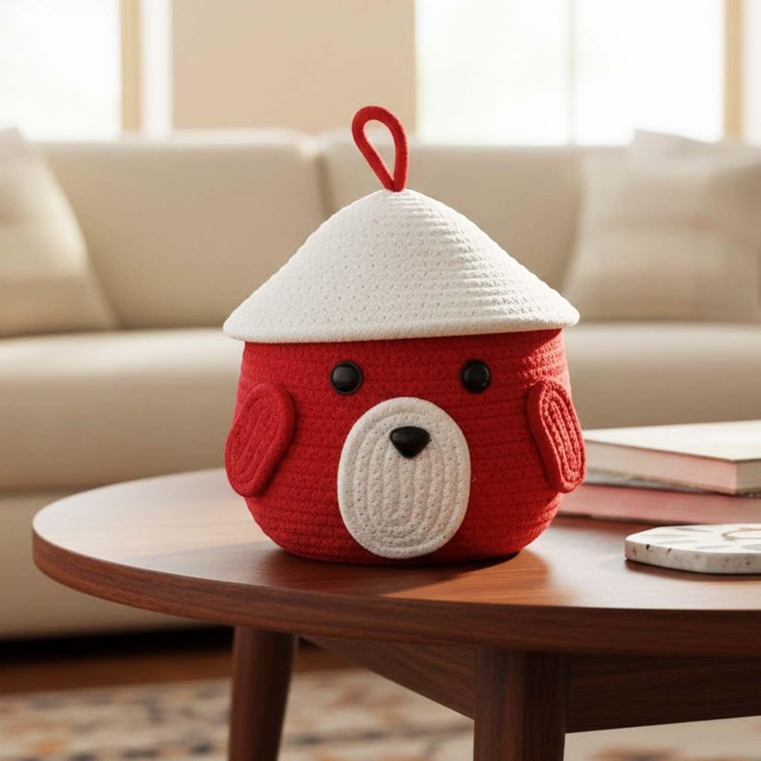 GoHooked red cotton rope storage basket with lid, featuring a cute animal face design with ears and a white dome lid. Perfect for kids' rooms.