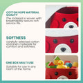 GoHooked red cotton rope storage basket with lid, featuring a cute animal face design with ears. Ideal for kids' toys and nursery organization.