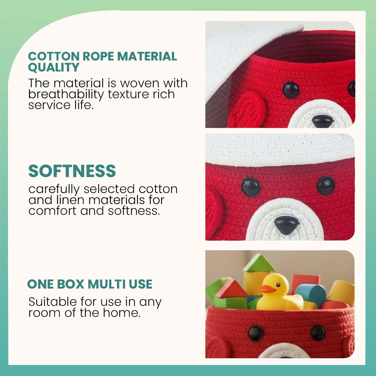 GoHooked red cotton rope storage basket with lid, featuring a cute animal face design with ears. Ideal for kids' toys and nursery organization.