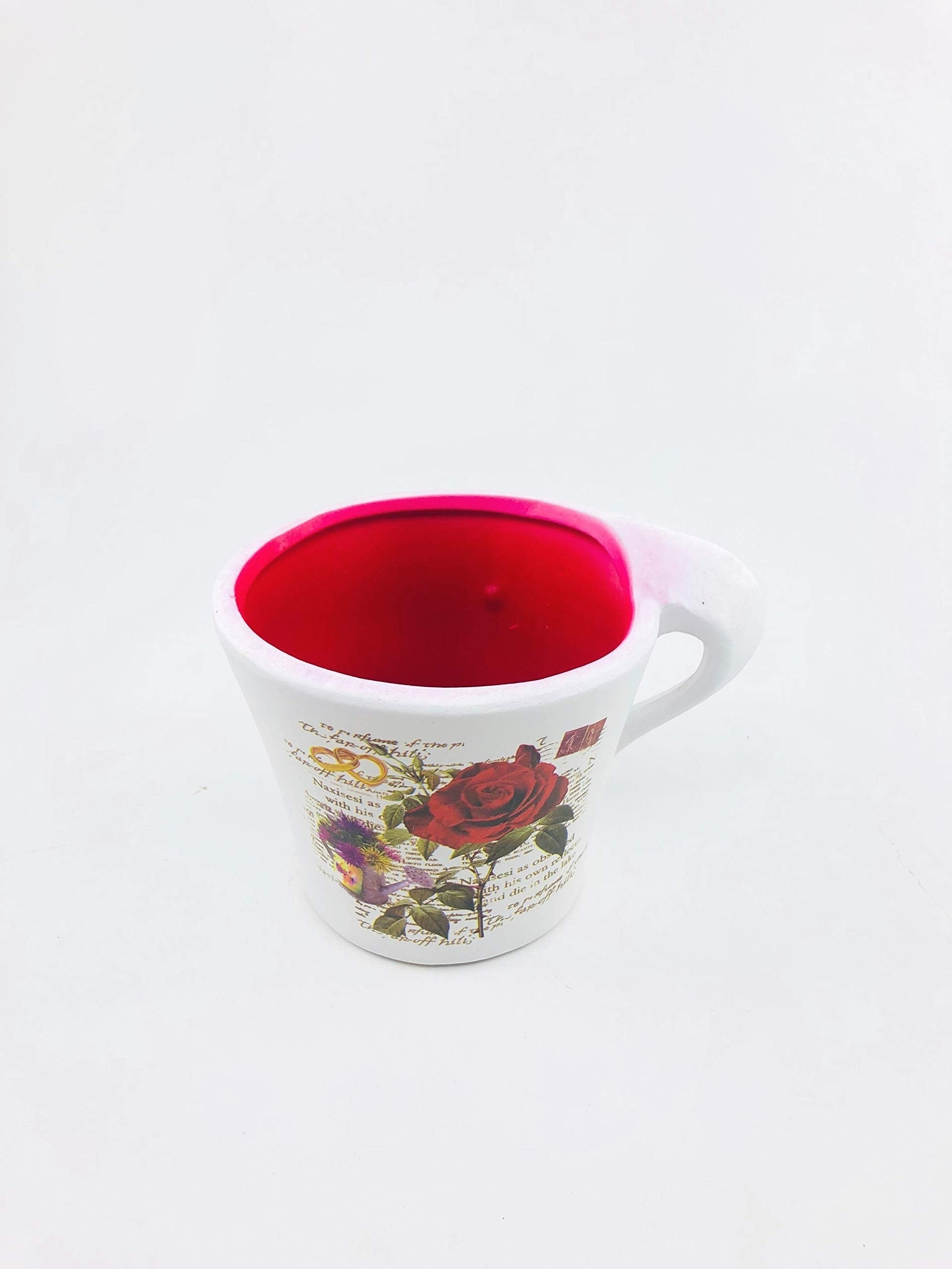 Go Hooked red ceramic cup-shaped planter with a rose and floral design, perfect for balconies or patios.