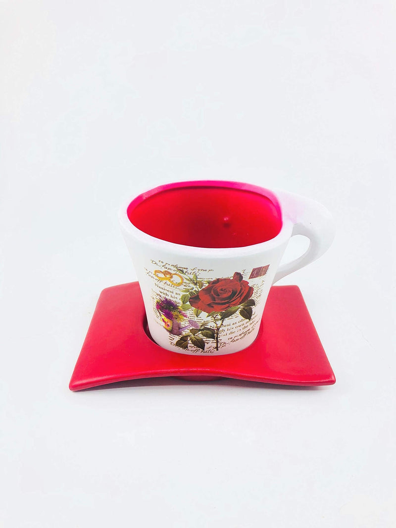 Go Hooked red ceramic cup-shaped planter with rose and script design, includes matching saucer.
