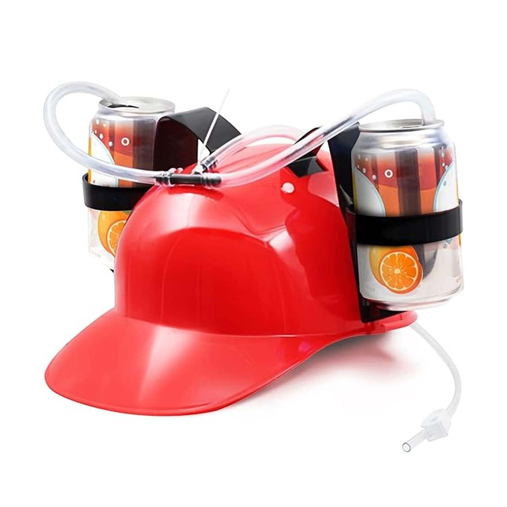 GoHooked red plastic drinking helmet with dual beverage can holders and connected straws for hands-free party fun