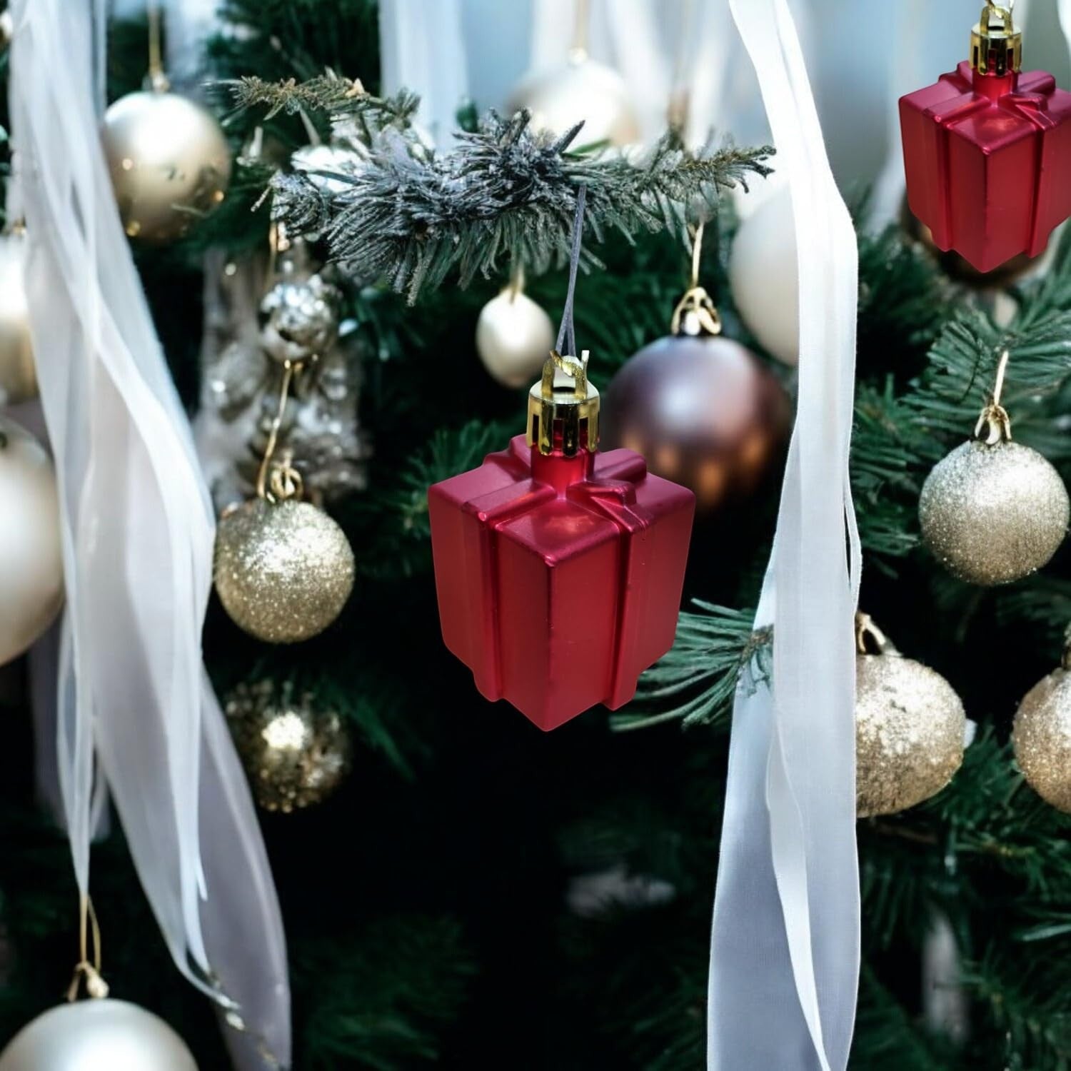 GoHooked red gift box Christmas tree ornaments with glitter accents and gold hangers, pack of 6.