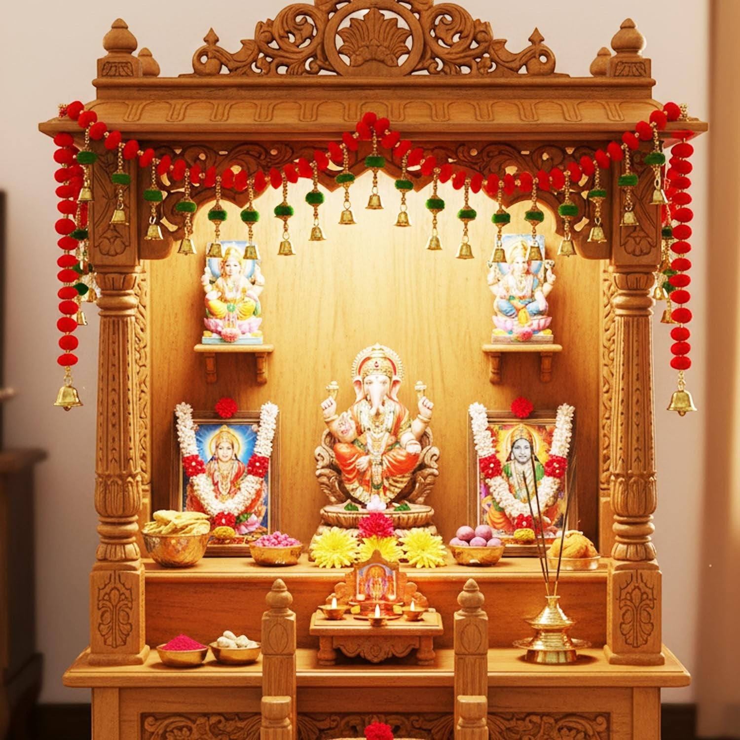 GoHooked red and green artificial pom-pom toran with golden bells, 35 inches, for door and pooja room decoration.