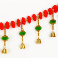 GoHooked red and green pom-pom toran with golden bells, 35 inch decorative garland for festivals.