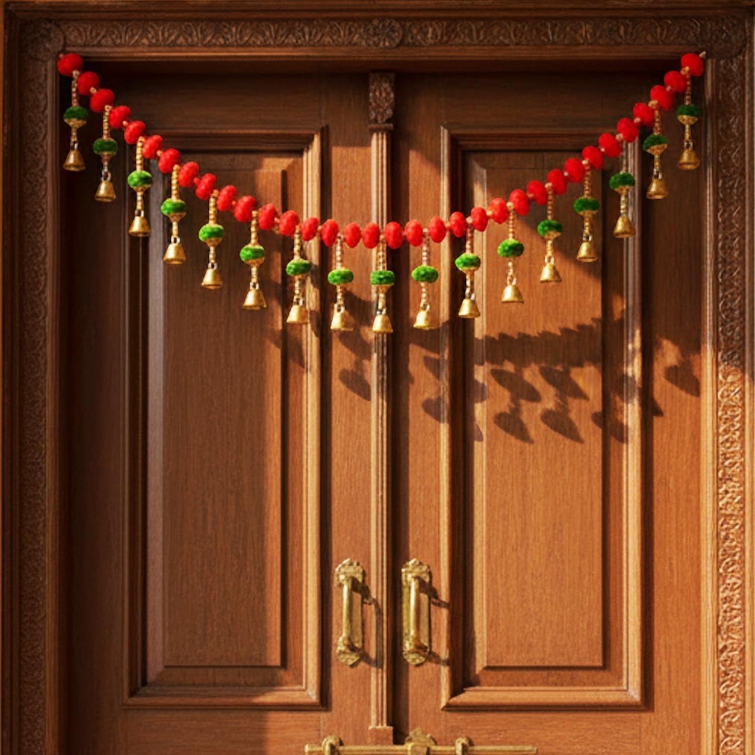 GoHooked red and green pom-pom toran with golden bells, 35 inch decorative garland for door.