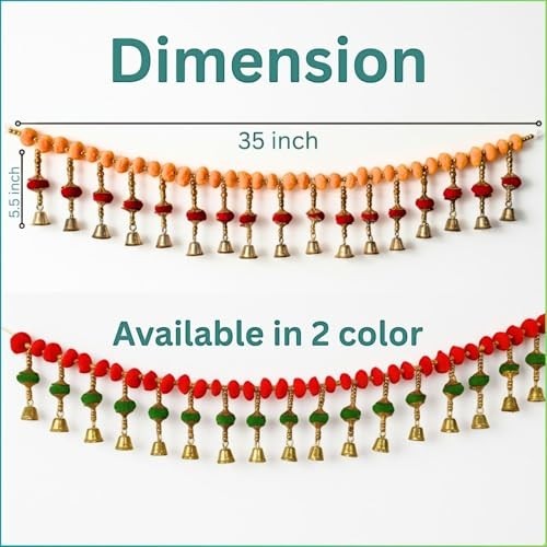 GoHooked Red & Green artificial pom-pom toran with golden bells, 35 inch door decoration garland.