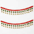 GoHooked red and green pom-pom toran with golden bells, 35-inch decorative garland for festivals and pooja rooms.