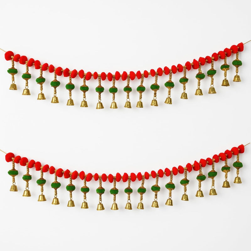 GoHooked red and green pom-pom toran with golden bells, 35-inch decorative garland for festivals and pooja rooms.