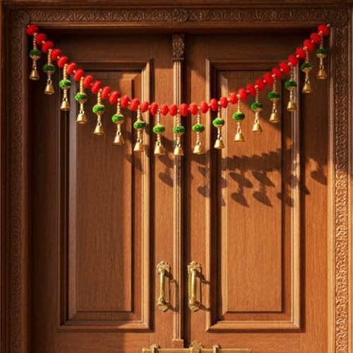 GoHooked red and green pom-pom toran with golden bells, 35-inch decorative garland for doors.