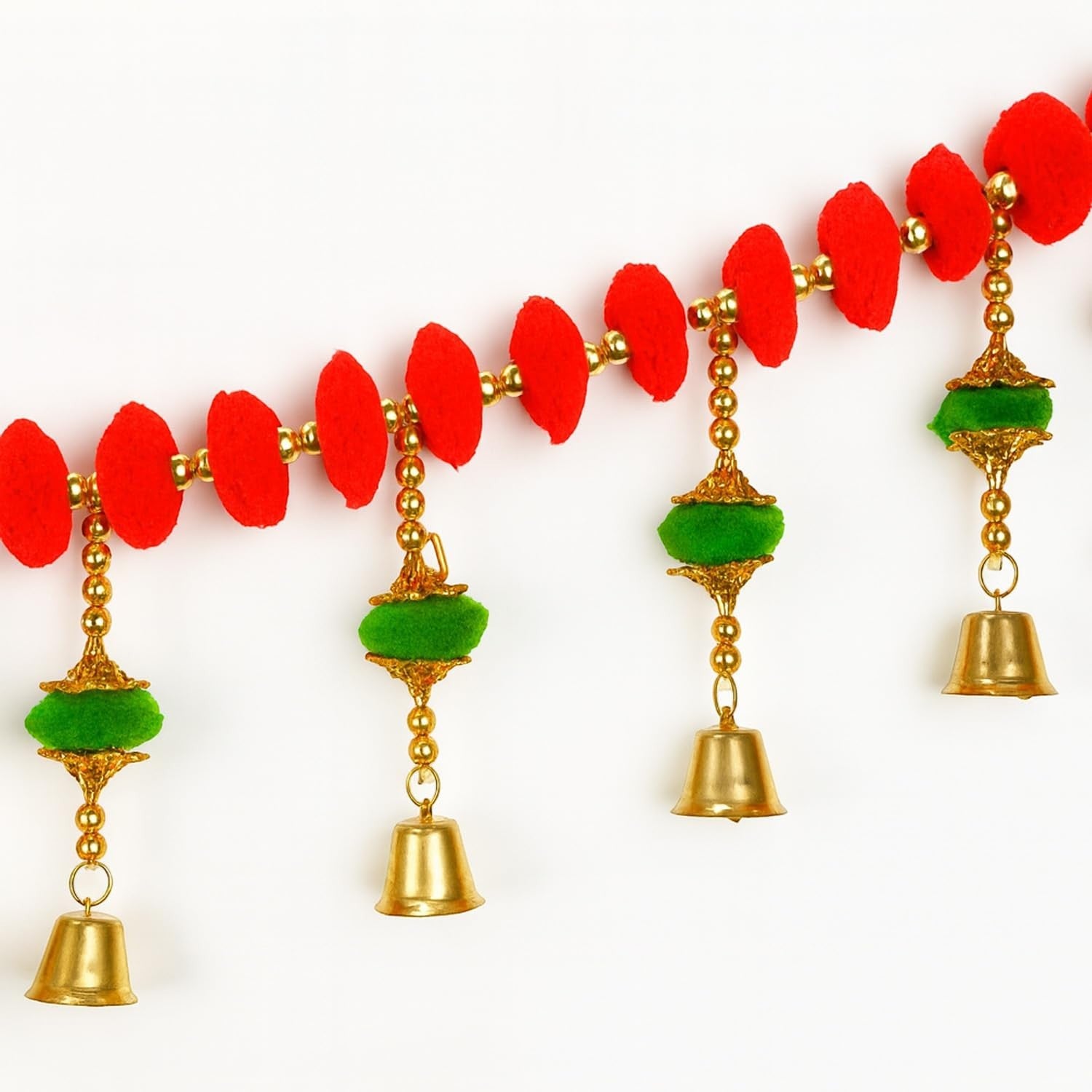 GoHooked red and green artificial pom-pom toran with golden bells and beads, 35 inches long, for door decoration.
