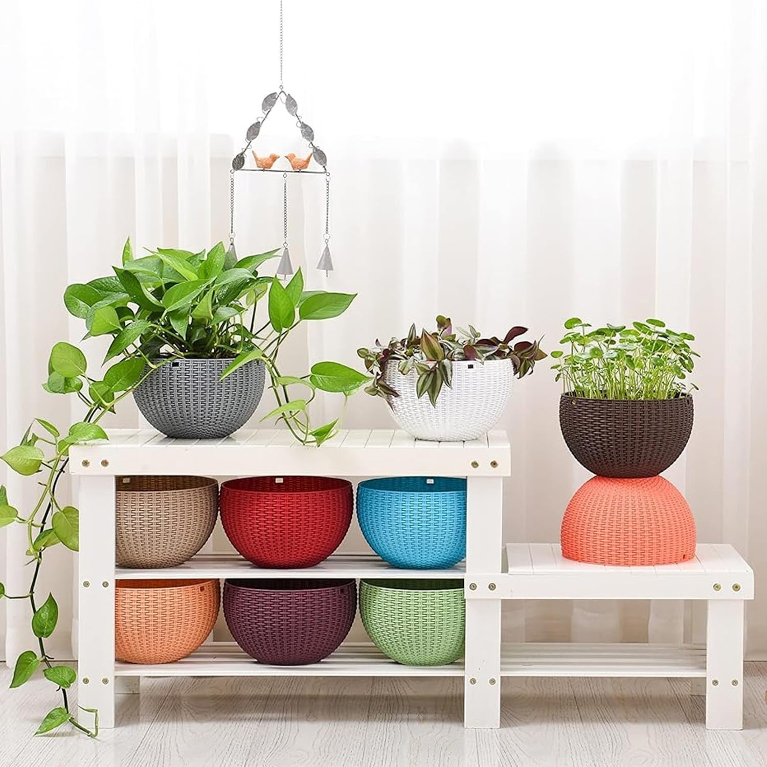 GoHooked red rattan-look hanging plant pot with 13-inch chain, 7.1-inch diameter, 4.8-inch height.