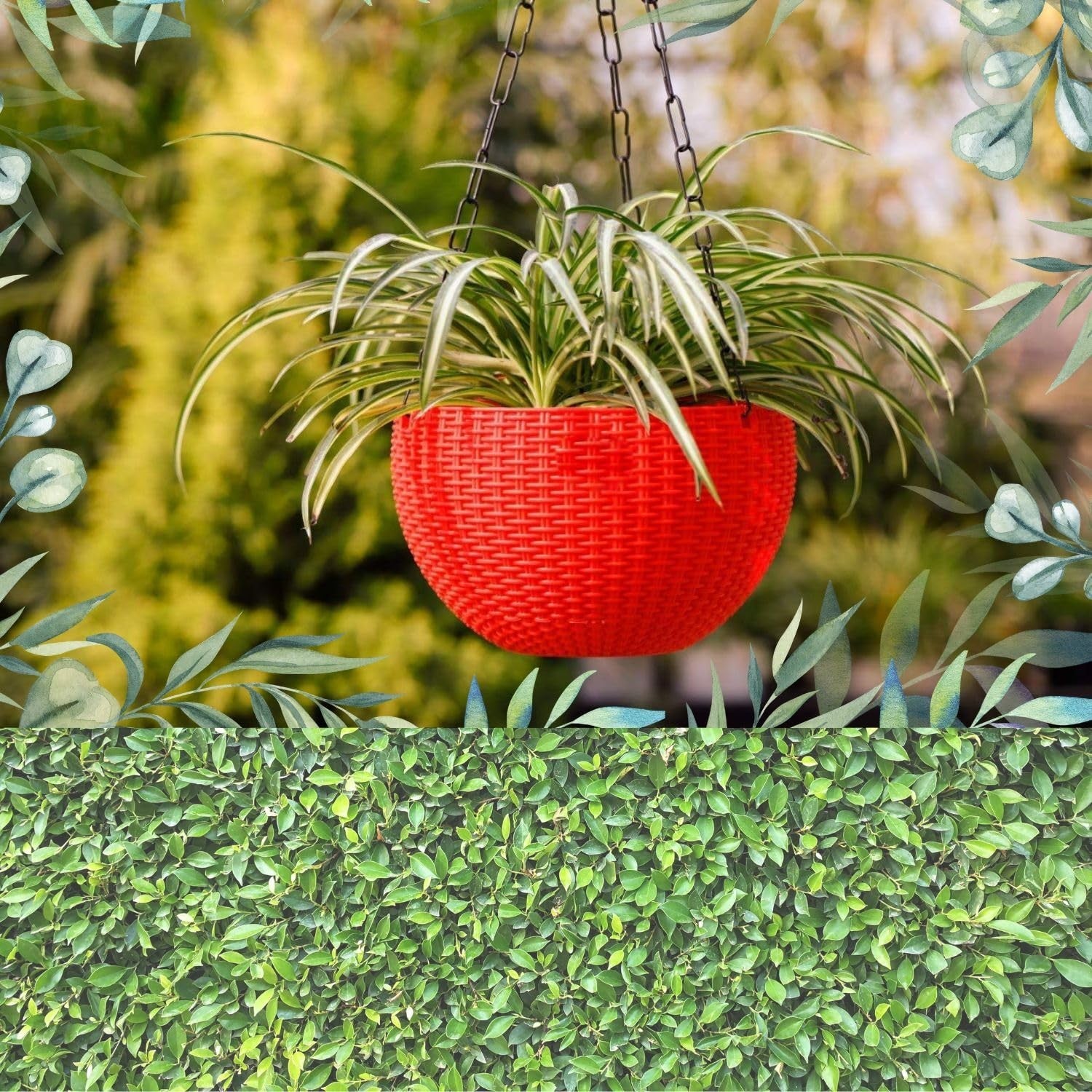 GoHooked red woven-look plastic hanging planter with plant and chain, 7.1 inch diameter