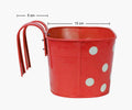 GoHooked red metal hanging planter with white polka dots, 12 inch oval shape, ideal for railings and patios.