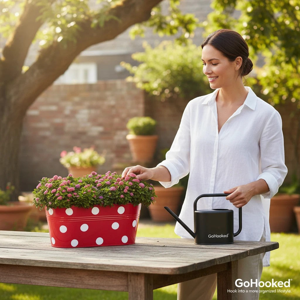 Go Hooked 12-inch red metal oval planter with white polka dots, holding pink flowers. Woman watering.