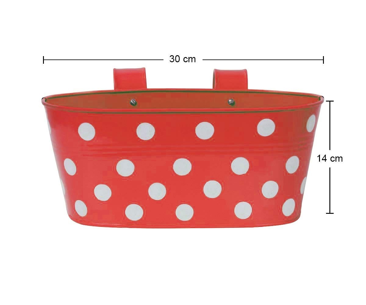 Go Hooked red metal oval hanging planter with white polka dots, 12 inch