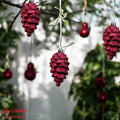 GoHooked red pine cone Christmas ornaments with glitter accents, pack of 6. Festive hanging decor.