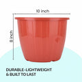 GoHooked red plastic flower pot, 10-inch diameter, 8-inch height, durable and lightweight.