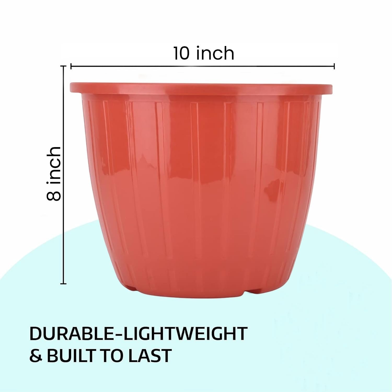 GoHooked red plastic flower pot, 10-inch diameter, 8-inch height, durable and lightweight.